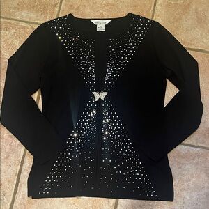 Misook XS acrylic black cardigan with intact rhinestones and stylish broach